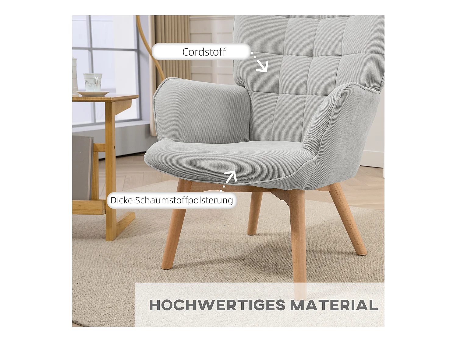 Fauteuil relax avec pouf, design en velours côtelé, bois, gris (80x72x101 cm)
