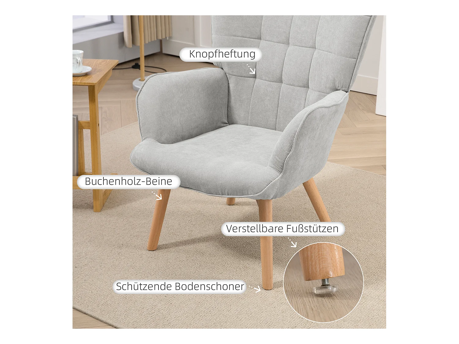 Fauteuil relax avec pouf, design en velours côtelé, bois, gris (80x72x101 cm)