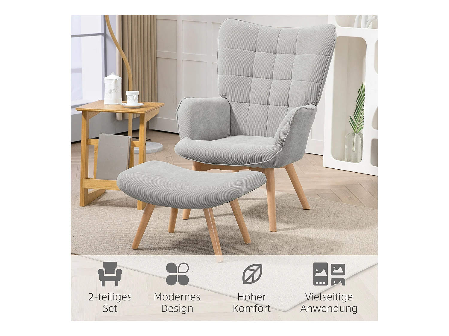 Fauteuil relax avec pouf, design en velours côtelé, bois, gris (80x72x101 cm)