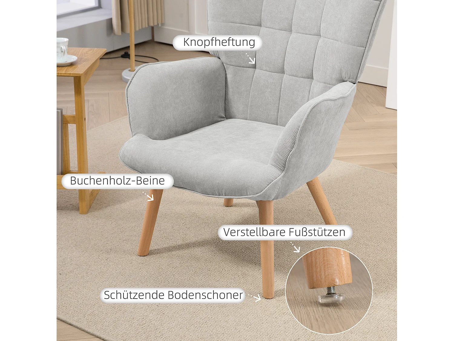 Fauteuil relax avec pouf, design en velours côtelé, bois, gris (80x72x101 cm)