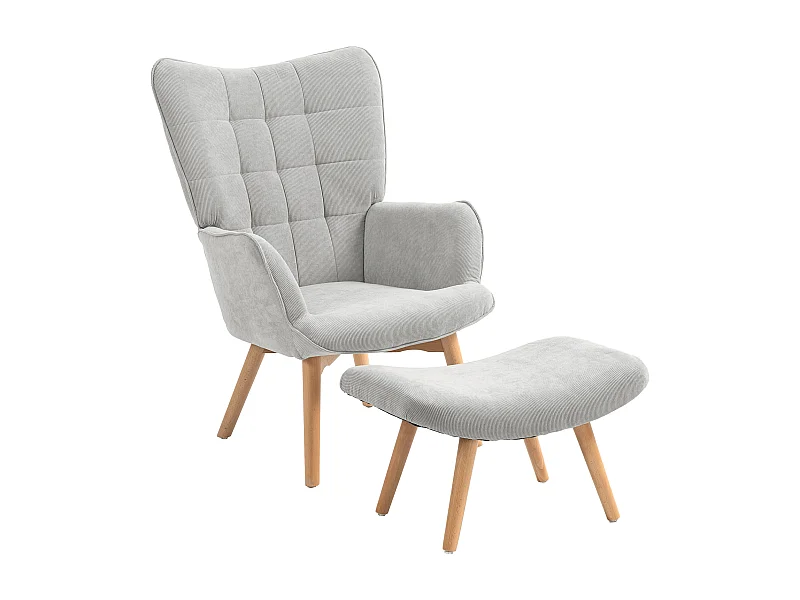 Poltrona relax con pouf, design velluto a coste, legno, grigio (80x72x101 cm)