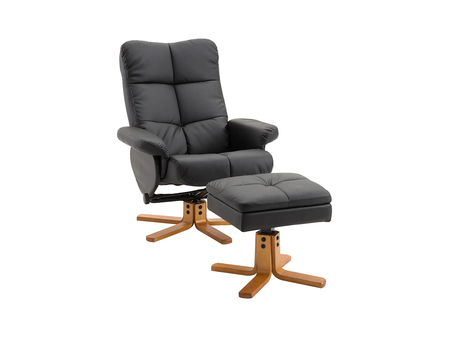 Sillón giratorio reclinable con reposapiés, PU, estructura de madera, negro (80x86x99 cm)