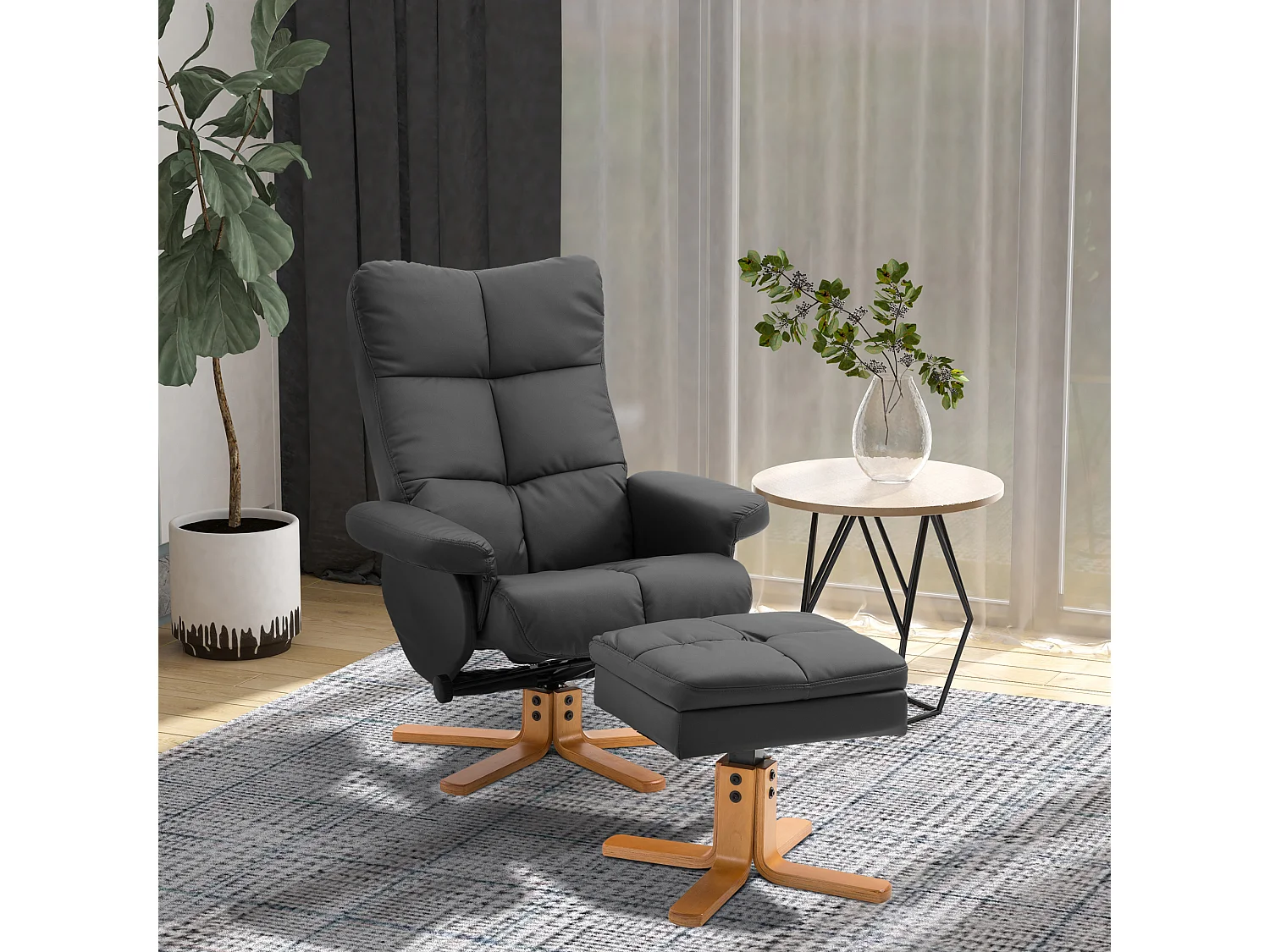 Fauteuil relax pivotant avec repose-pieds, PU, structure bois, noir (80x86x99 cm)