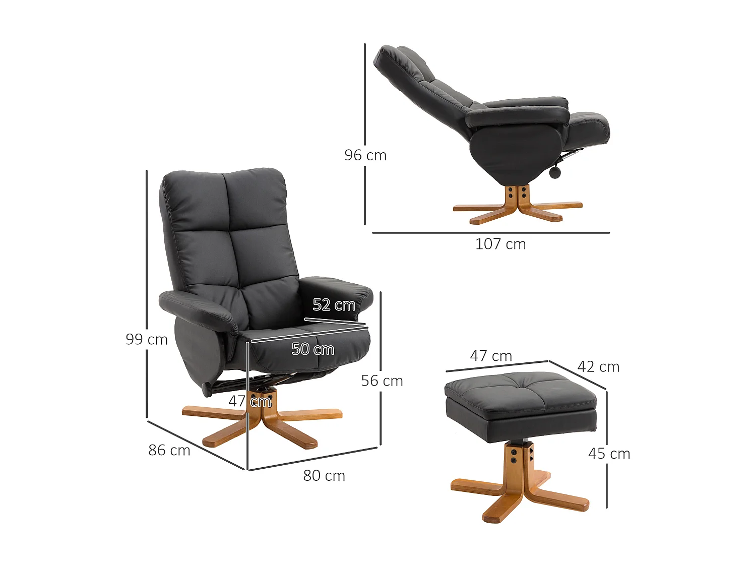 Fauteuil relax pivotant avec repose-pieds, PU, structure bois, noir (80x86x99 cm)