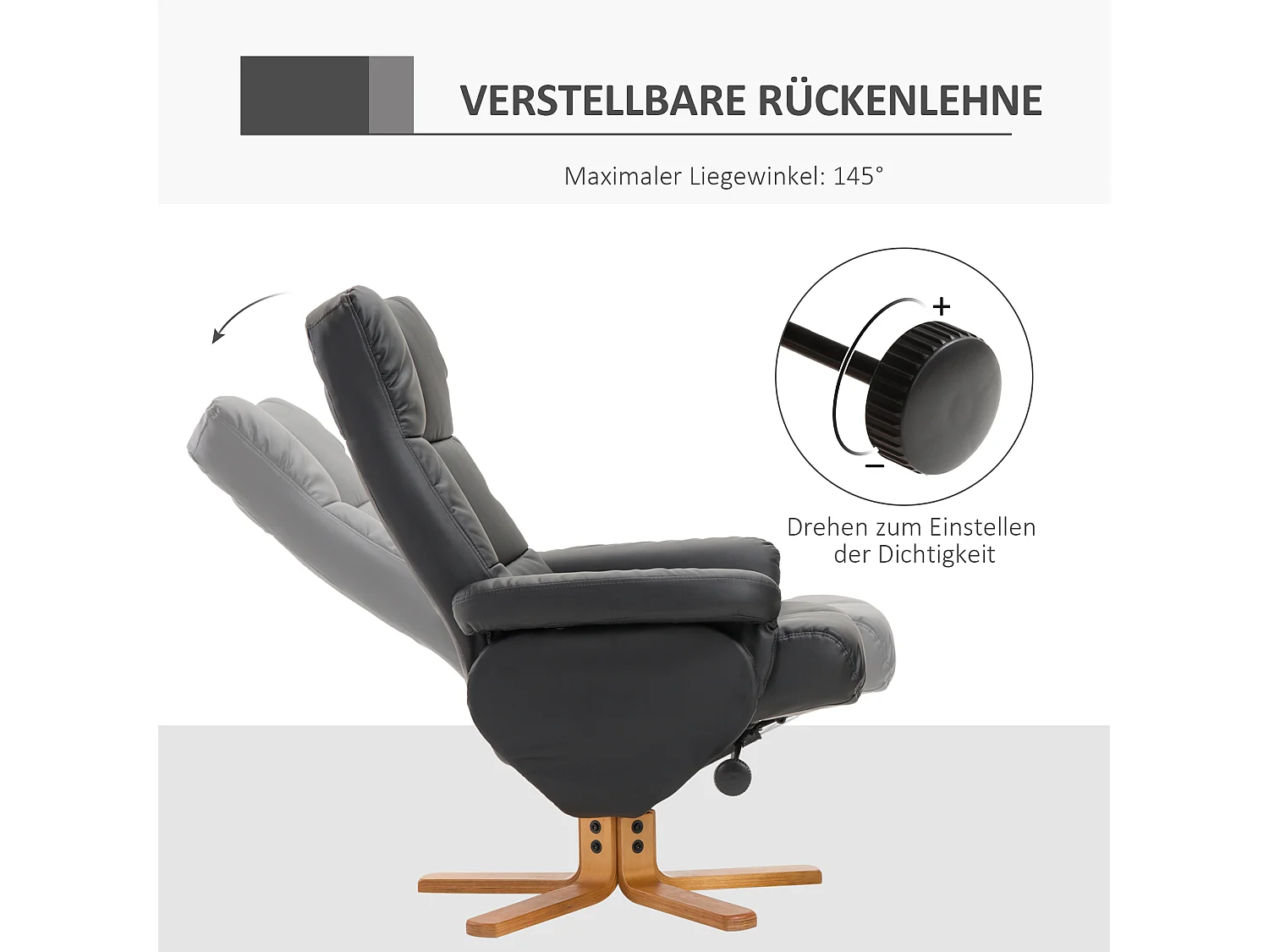 Fauteuil relax pivotant avec repose-pieds, PU, structure bois, noir (80x86x99 cm)