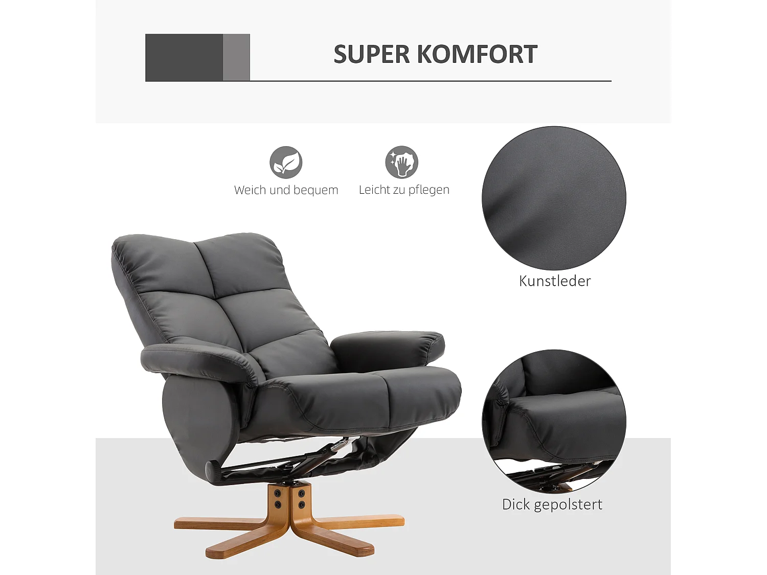 Fauteuil relax pivotant avec repose-pieds, PU, structure bois, noir (80x86x99 cm)