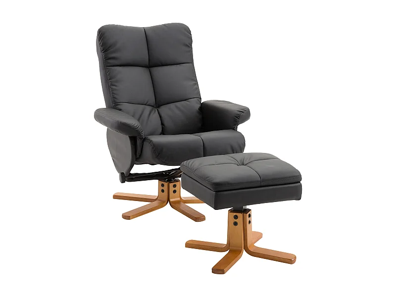 Fauteuil relax pivotant avec repose-pieds, PU, structure bois, noir (80x86x99 cm)
