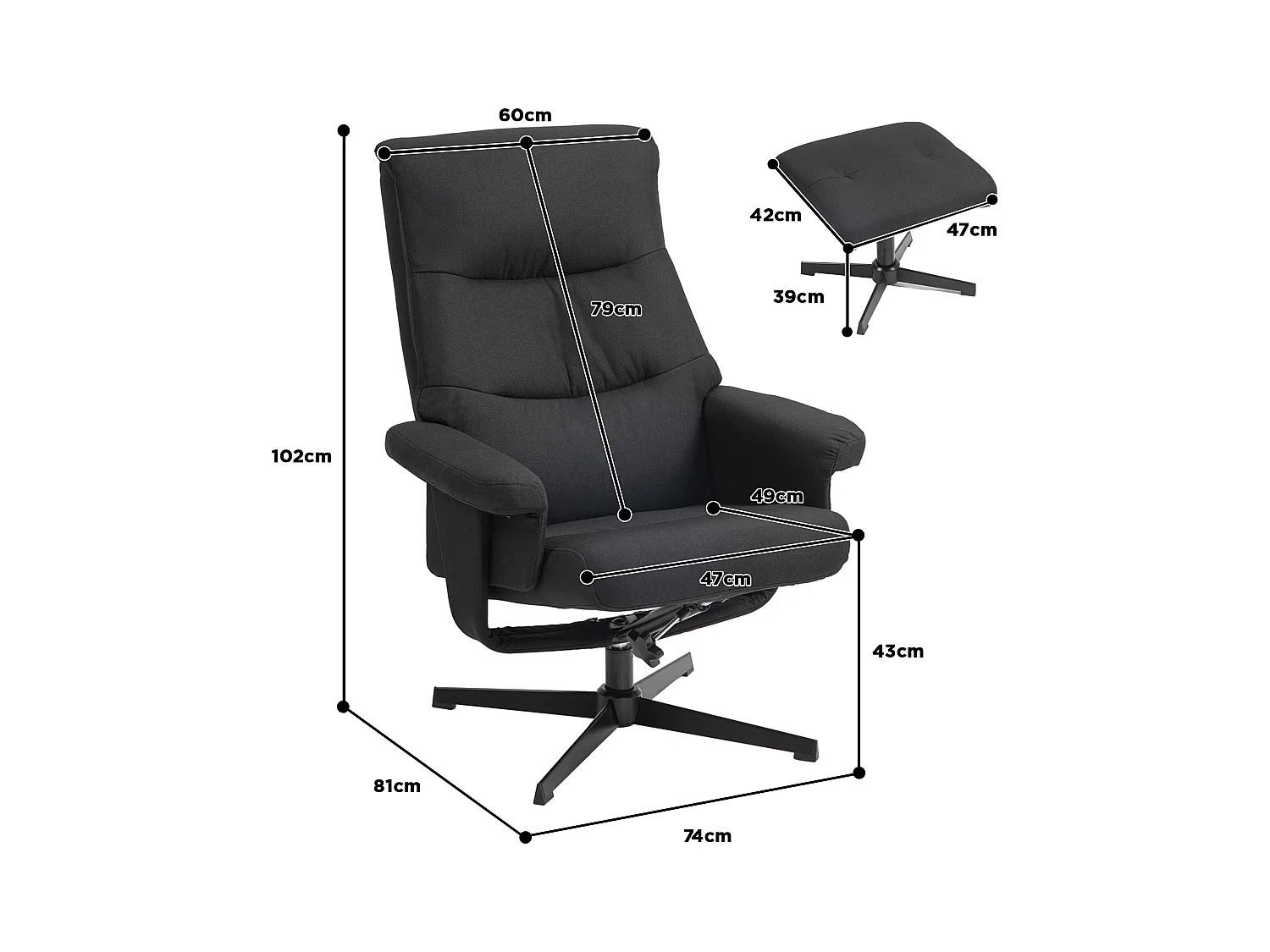 Fauteuil relax avec repose-pieds, inclinable 135°, tissu velours, noir (74x81x102cm)