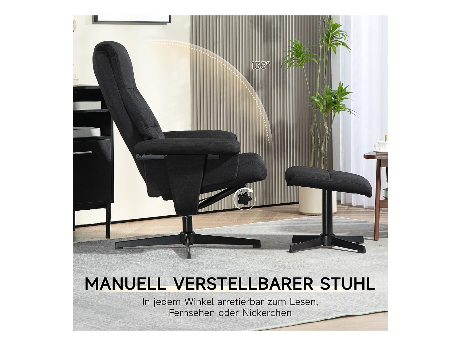 Fauteuil relax avec repose-pieds, inclinable 135°, tissu velours, noir (74x81x102cm)