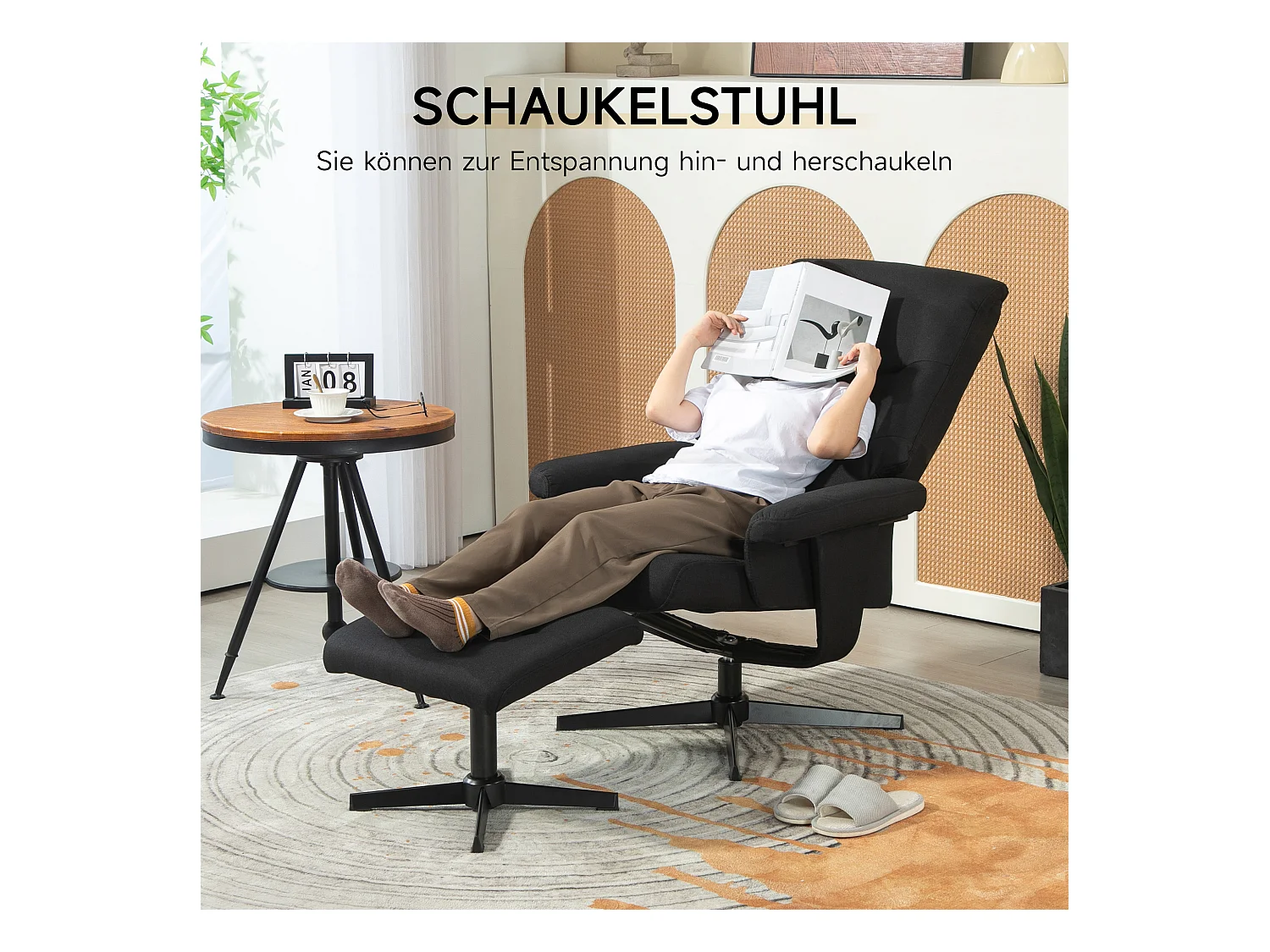 Fauteuil relax avec repose-pieds, inclinable 135°, tissu velours, noir (74x81x102cm)