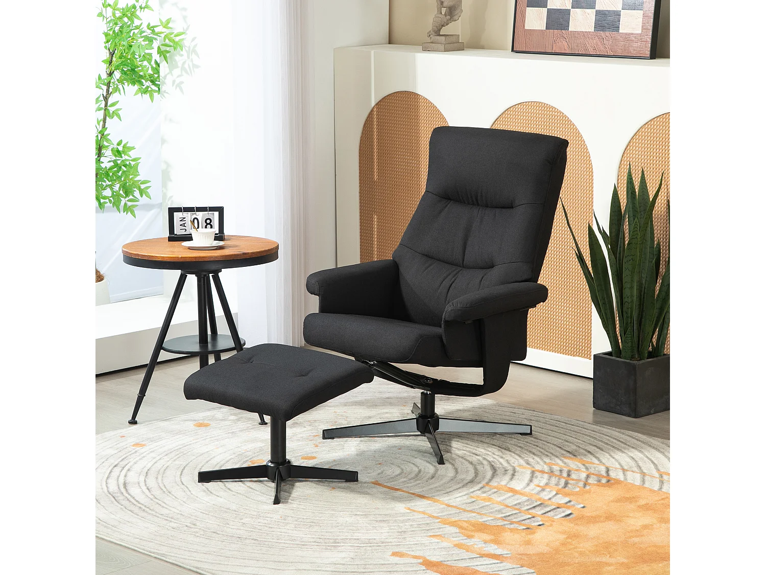 Fauteuil relax avec repose-pieds, inclinable 135°, tissu velours, noir (74x81x102cm)