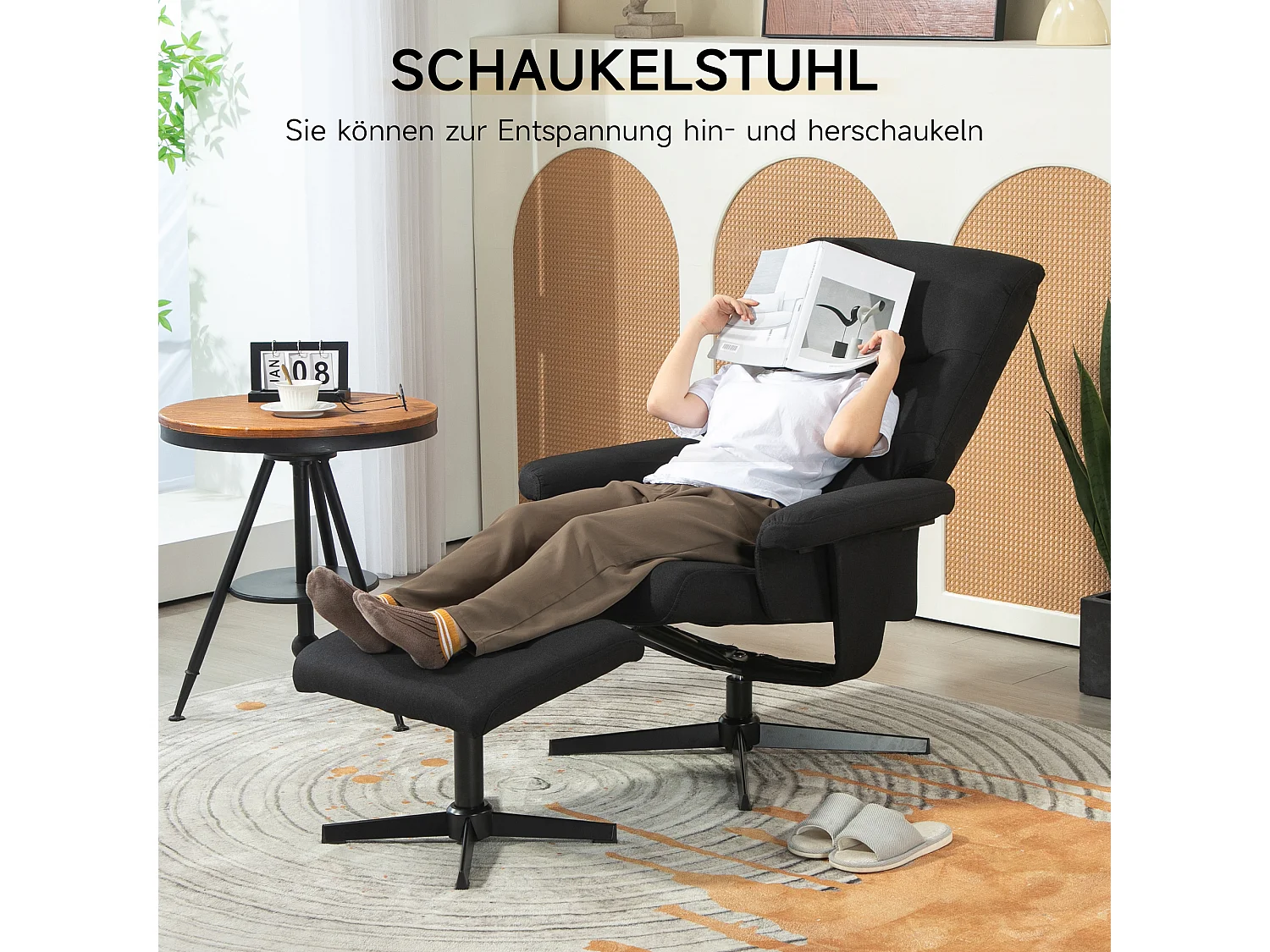 Fauteuil relax avec repose-pieds, inclinable 135°, tissu velours, noir (74x81x102cm)