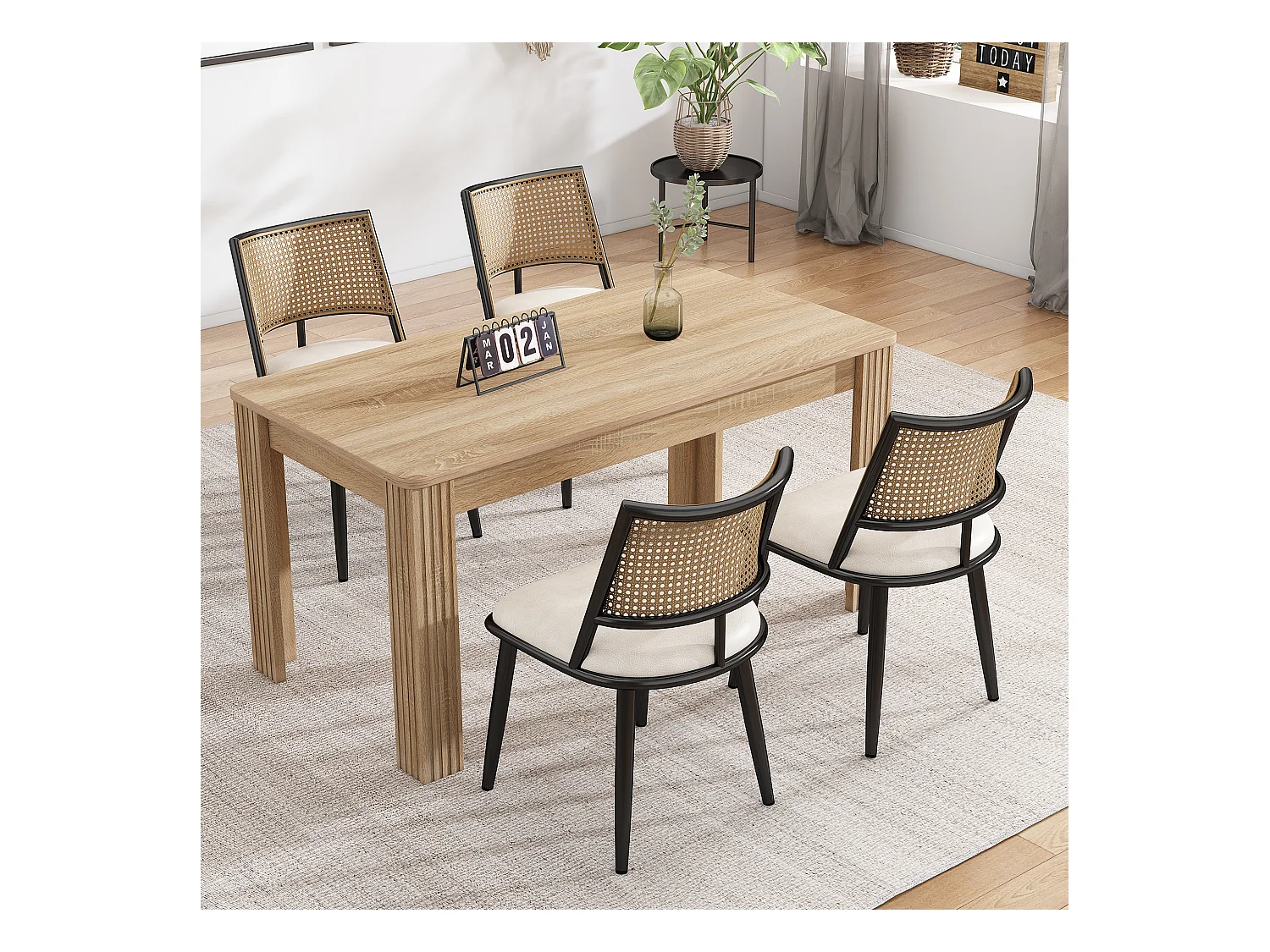 Chaise en rotin avec siège en PU, design moderne, noir (60x59x49 cm)