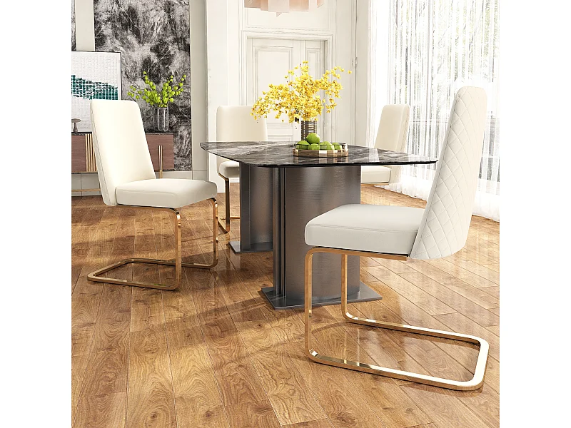 Set di 4 sedie da pranzo in velluto, design di lusso, schienale a diamante, gambe in metallo dorato, beige (47x47x90 cm)