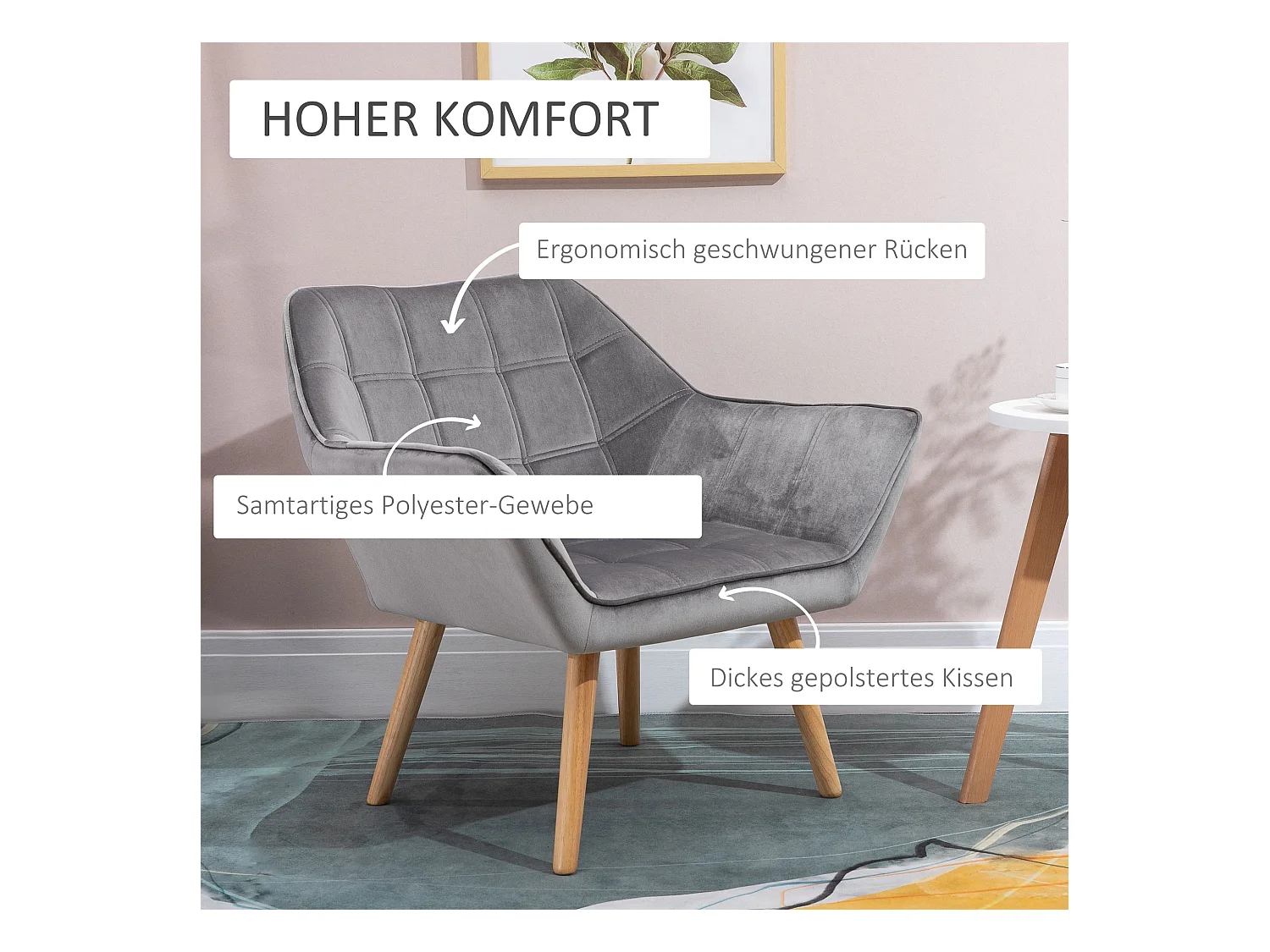 Fauteuil scandinave en velours avec accoudoirs, structure en bois et métal, gris (67x61.5x71 cm)