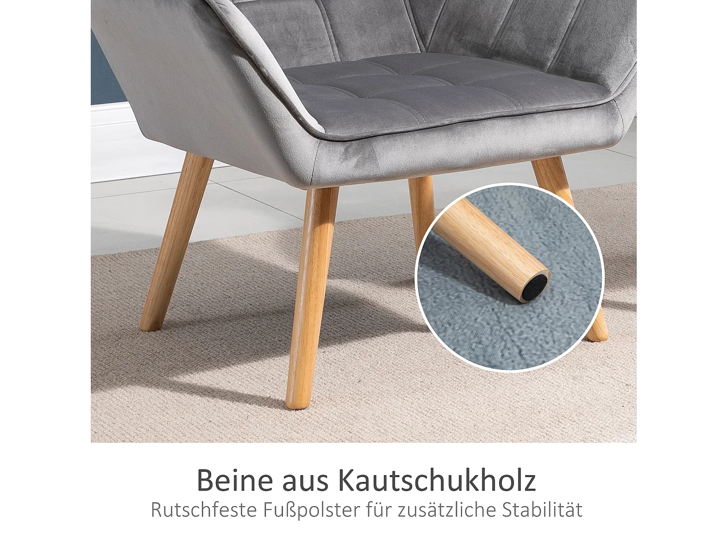 Fauteuil scandinave en velours avec accoudoirs, structure en bois et métal, gris (67x61.5x71 cm)