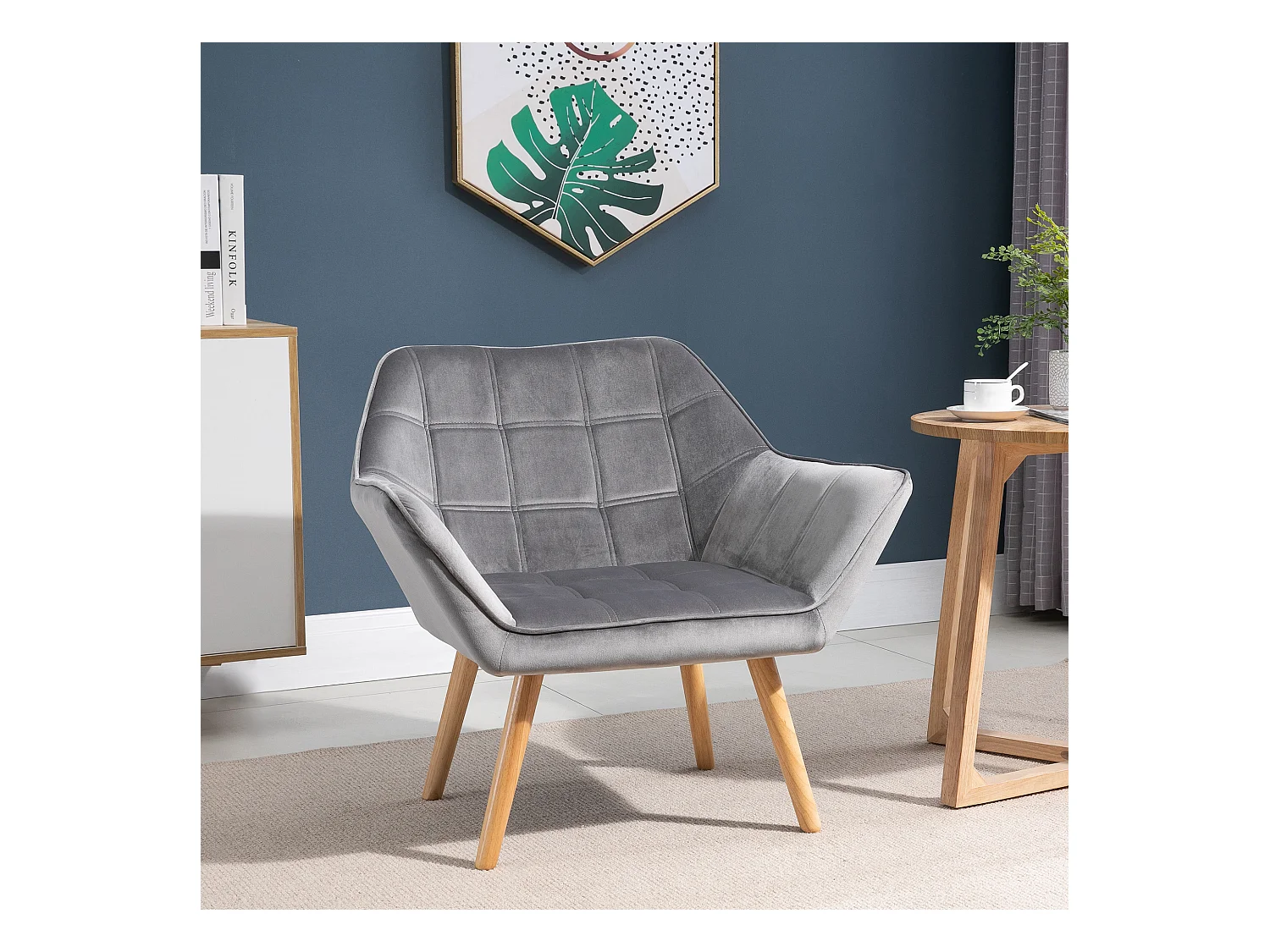 Poltrona scandinava in velluto con braccioli, struttura in legno e metallo, grigio (67x61,5x71 cm)