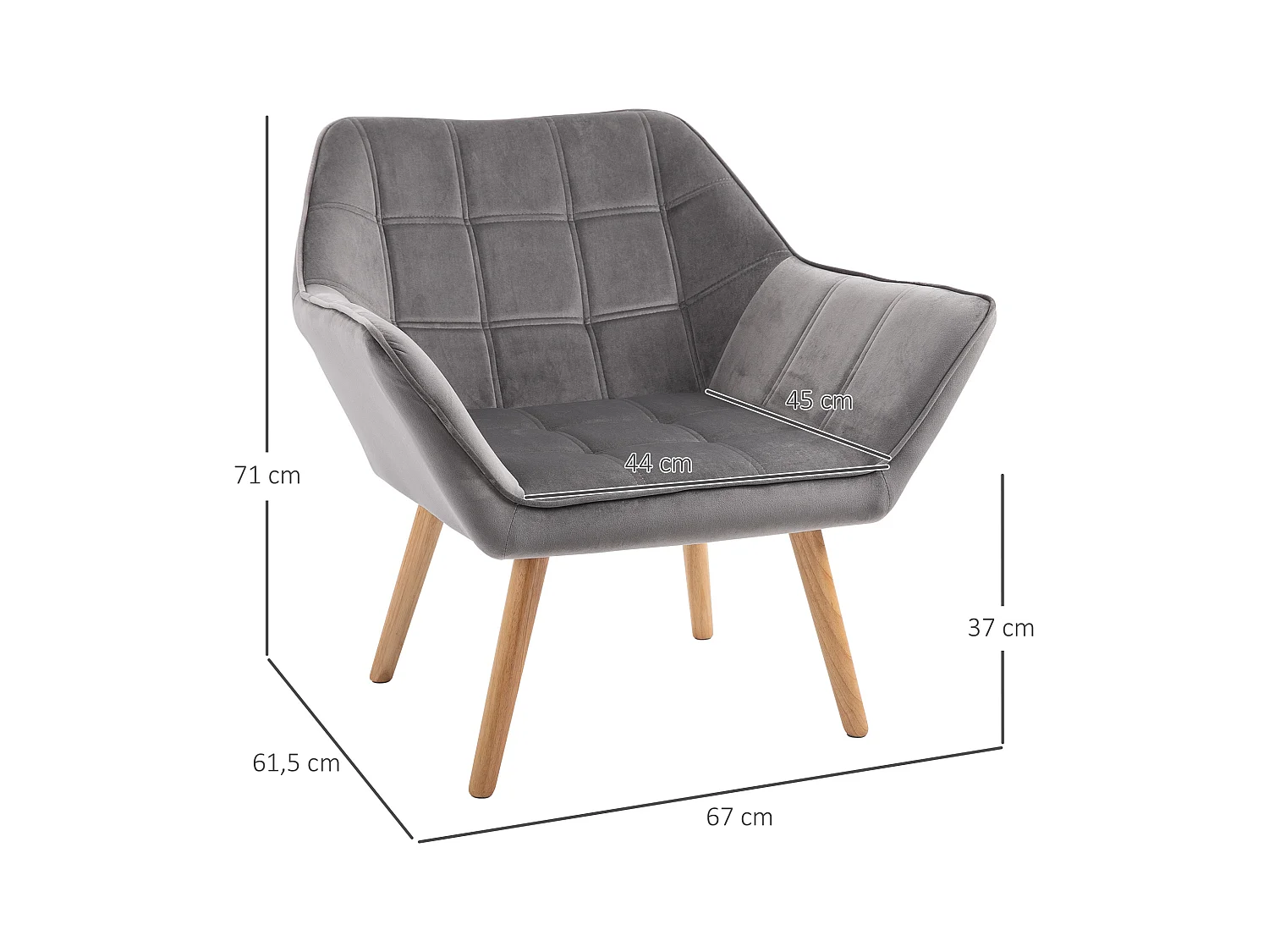 Fauteuil scandinave en velours avec accoudoirs, structure en bois et métal, gris (67x61.5x71 cm)