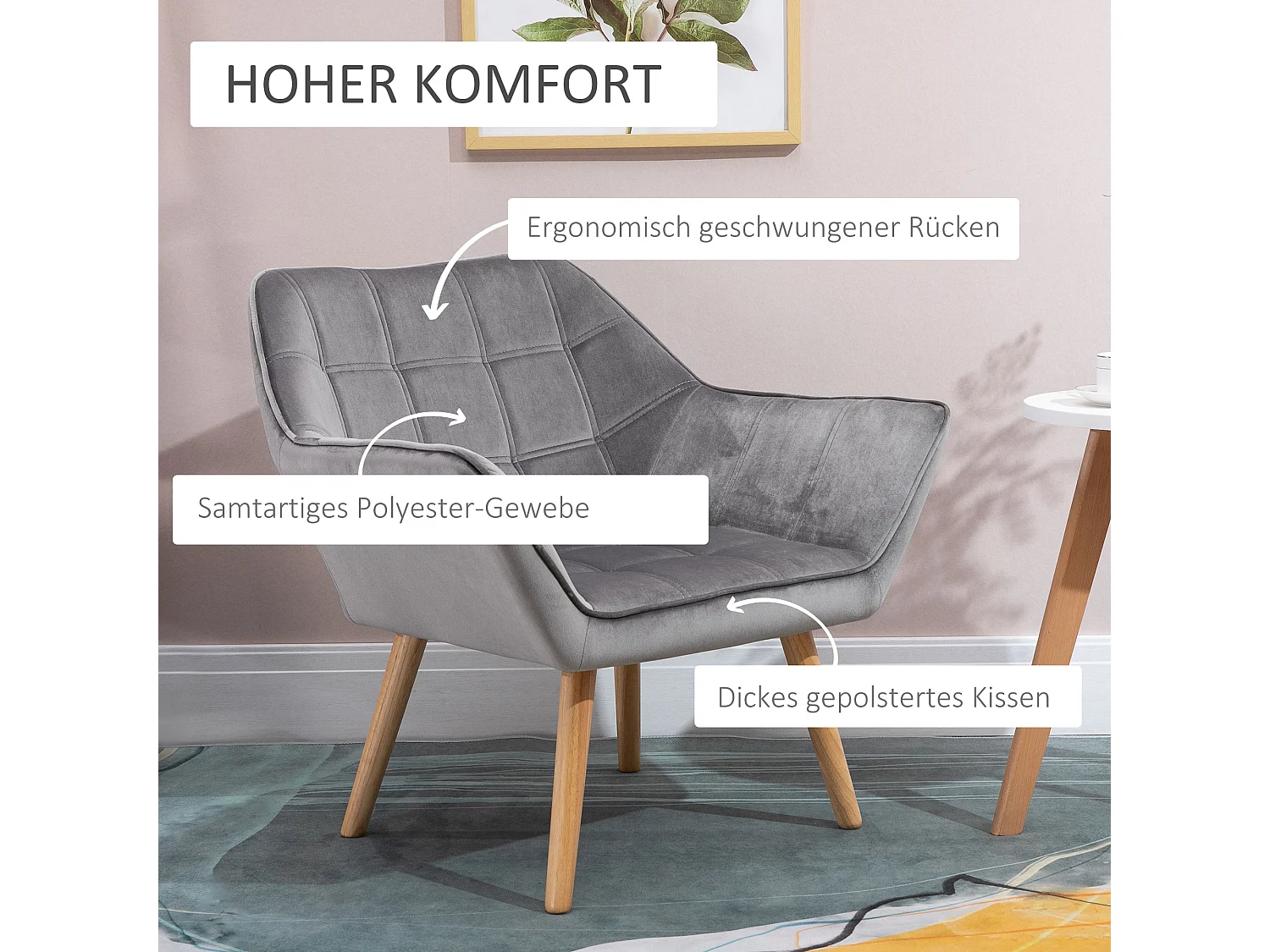 Fauteuil scandinave en velours avec accoudoirs, structure en bois et métal, gris (67x61.5x71 cm)