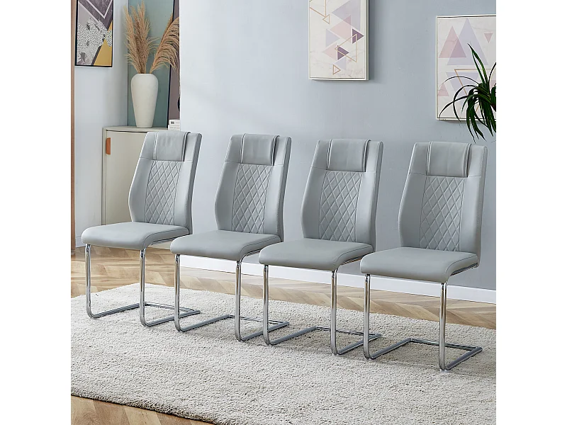 Eetkamerstoel in Scandinavische stijl, lichtgrijs PU, met kruisgestikte rugleuning, zilveren metalen poten (40,6 x 48,2 x 96,5 cm)