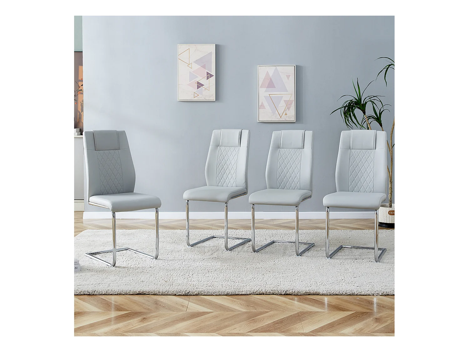 Chaise de salle à manger style nordique, PU gris clair, avec dossier à couture croisée, pieds métalliques argentés(40.6x48.2x96.5 cm)