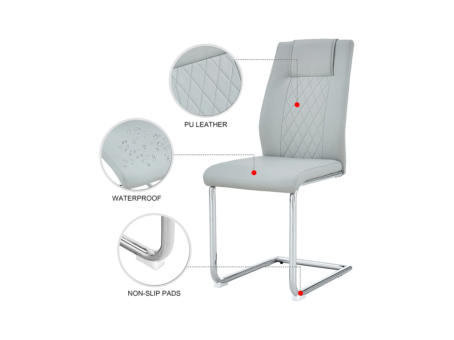 Chaise de salle à manger style nordique, PU gris clair, avec dossier à couture croisée, pieds métalliques argentés(40.6x48.2x96.5 cm)