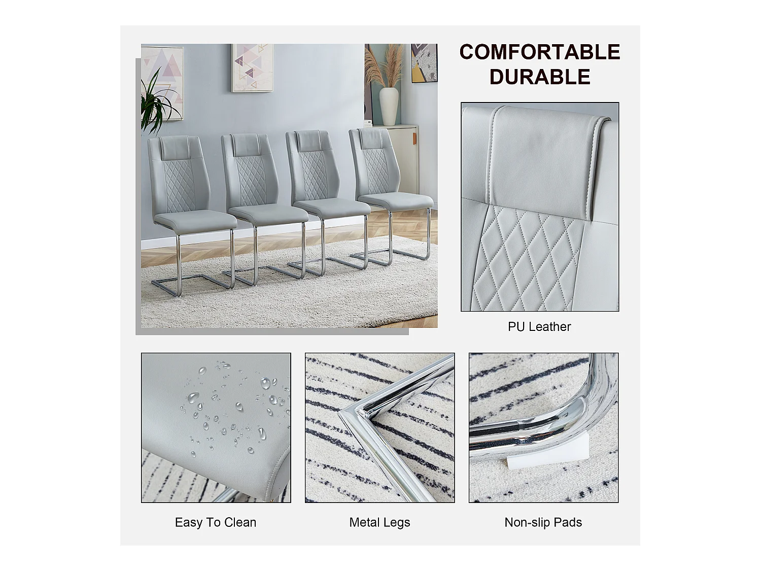 Chaise de salle à manger style nordique, PU gris clair, avec dossier à couture croisée, pieds métalliques argentés(40.6x48.2x96.5 cm)