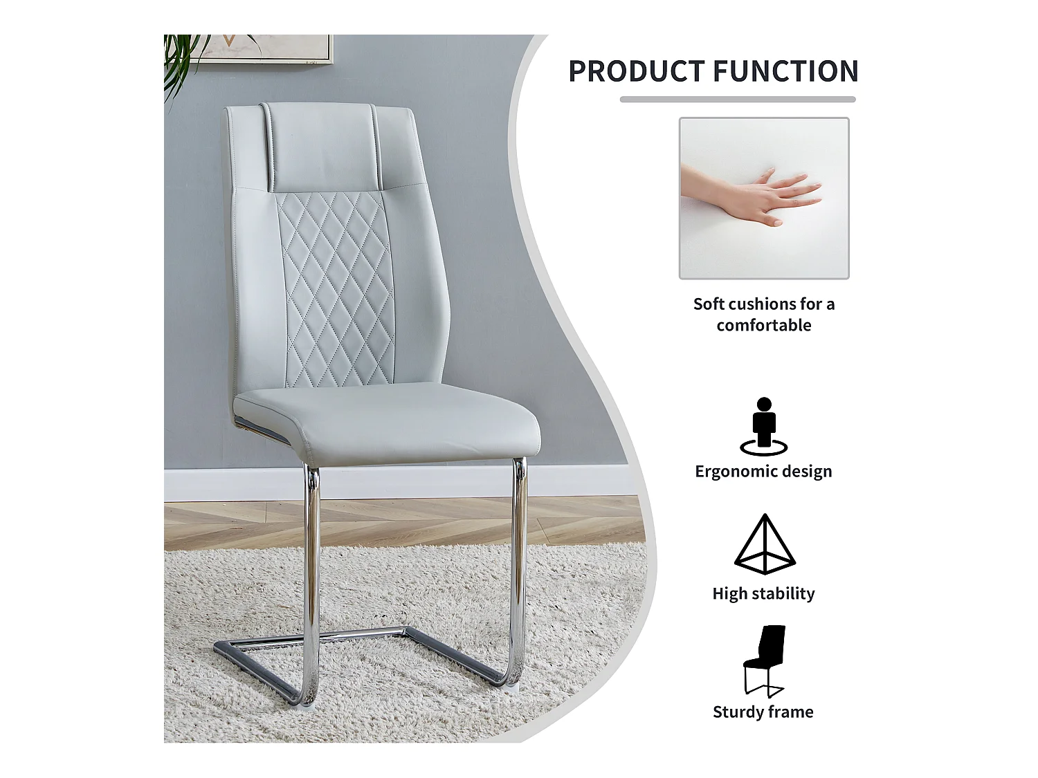 Chaise de salle à manger style nordique, PU gris clair, avec dossier à couture croisée, pieds métalliques argentés(40.6x48.2x96.5 cm)