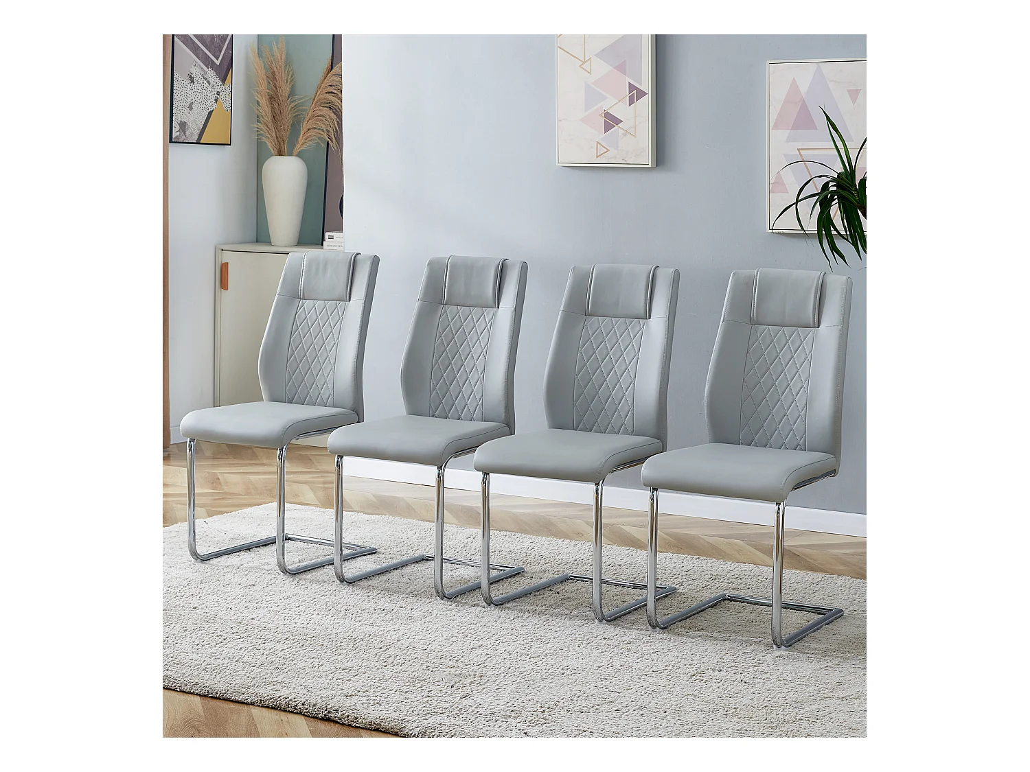 Chaise de salle à manger style nordique, PU gris clair, avec dossier à couture croisée, pieds métalliques argentés(40.6x48.2x96.5 cm)