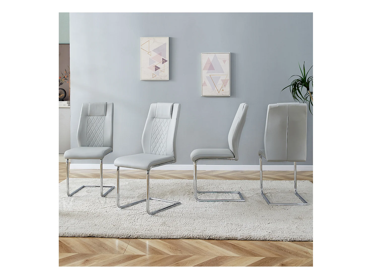 Sedia da pranzo in stile nordico, PU grigio chiaro, con schienale cucito a croce, gambe in metallo argentato (40,6x48,2x96,5 cm)