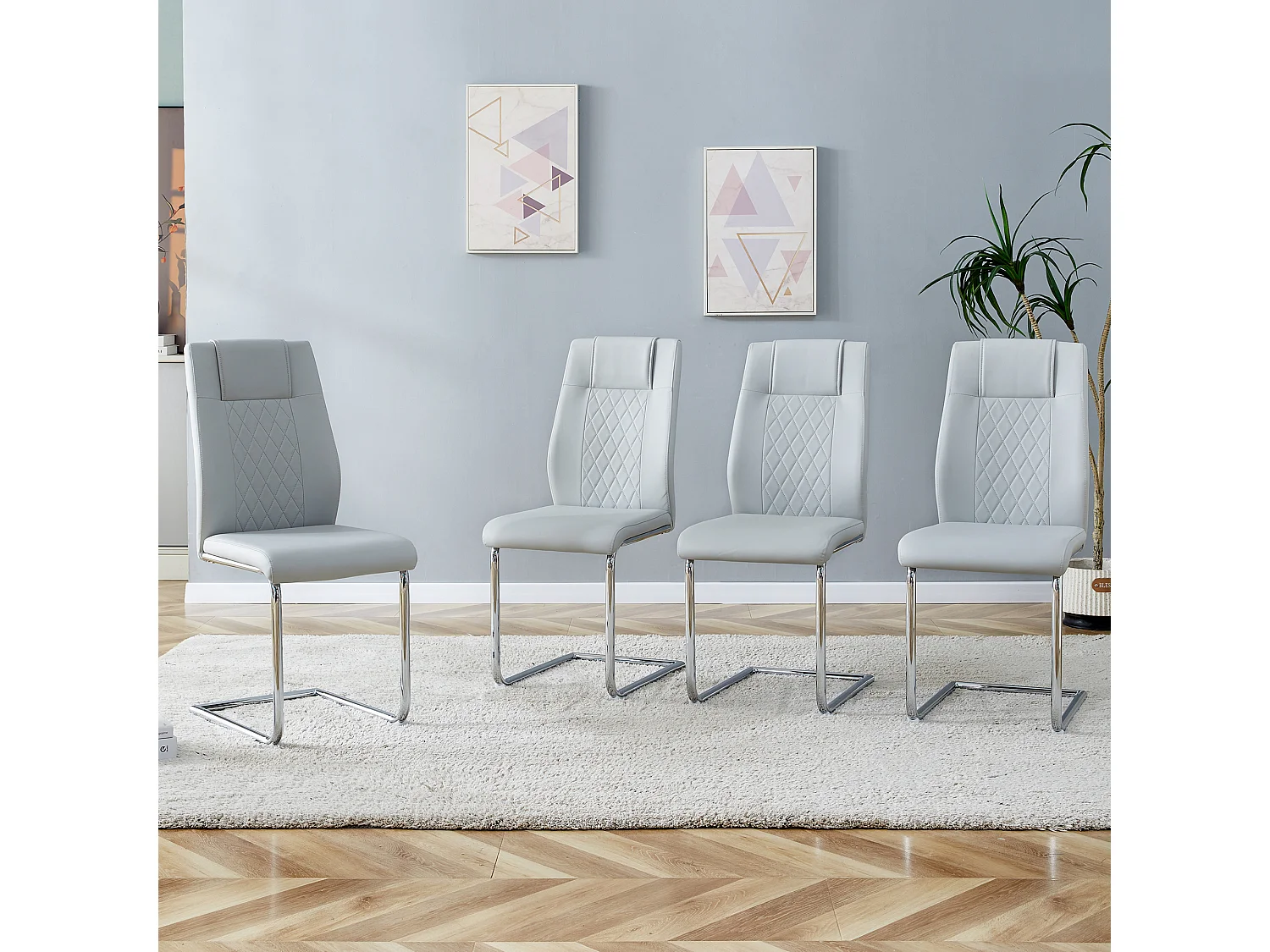 Sedia da pranzo in stile nordico, PU grigio chiaro, con schienale cucito a croce, gambe in metallo argentato (40,6x48,2x96,5 cm)