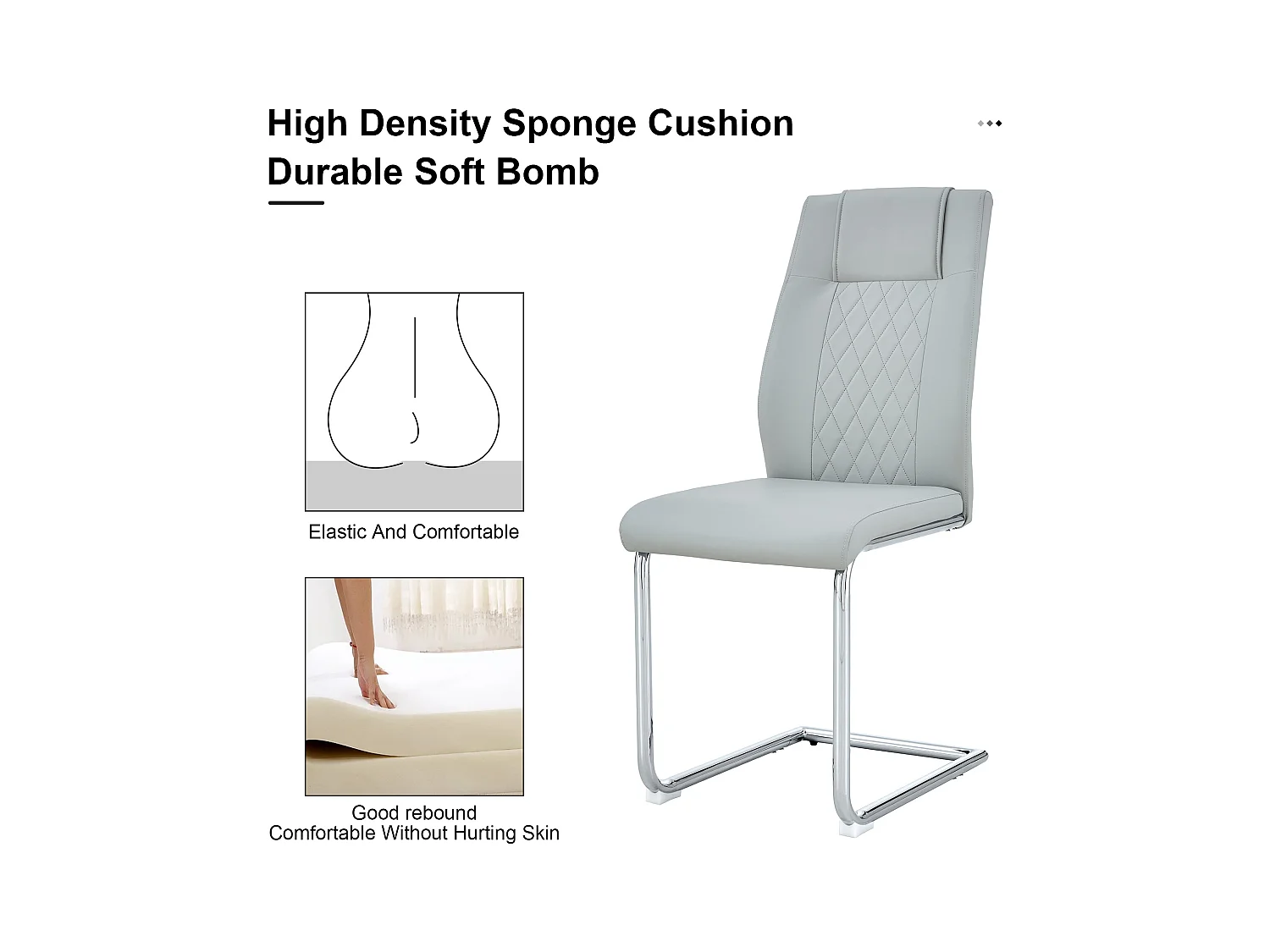 Sedia da pranzo in stile nordico, PU grigio chiaro, con schienale cucito a croce, gambe in metallo argentato (40,6x48,2x96,5 cm)