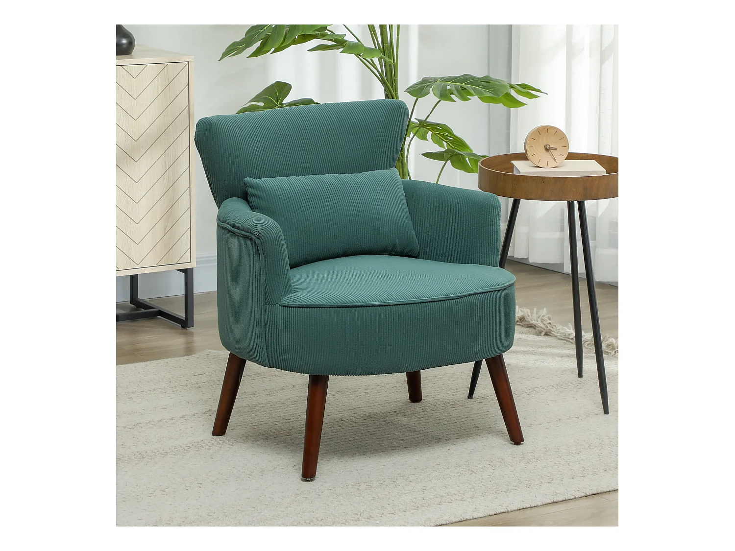 Loungestoel met rugleuning, ronde armleuningen, gestoffeerd, corduroy stof, houten poten, voor woonkamer of slaapkamer (69x69,5x78 cm)