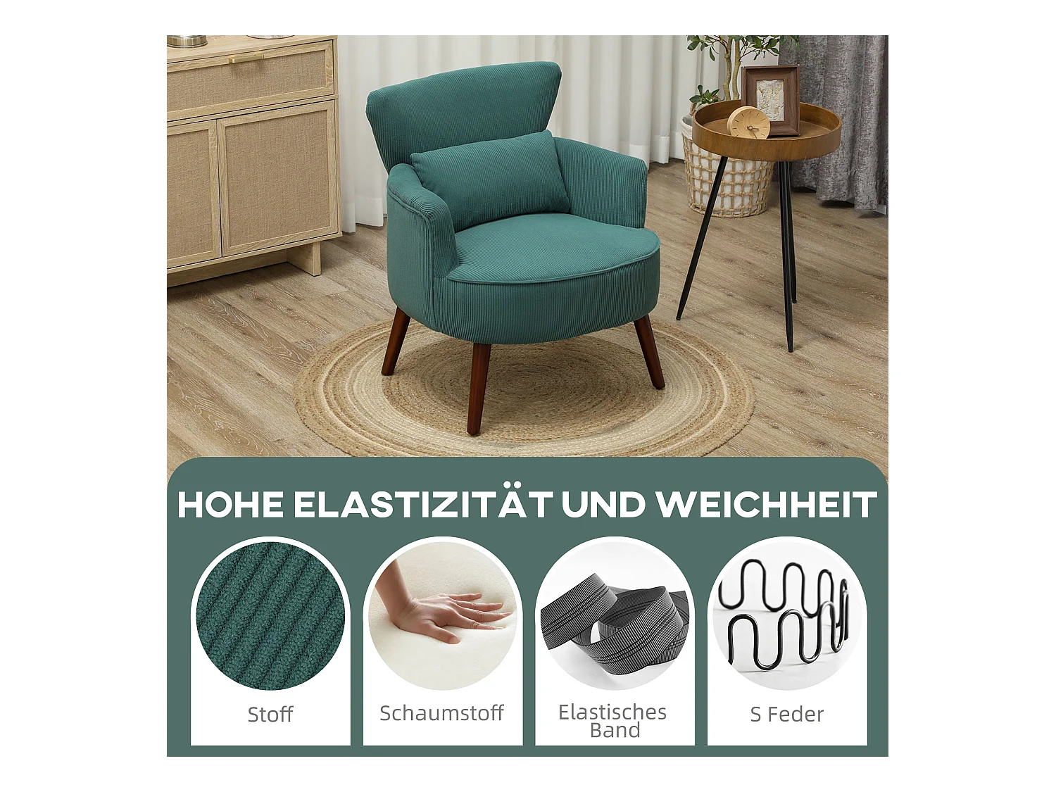 Loungestoel met rugleuning, ronde armleuningen, gestoffeerd, corduroy stof, houten poten, voor woonkamer of slaapkamer (69x69,5x78 cm)