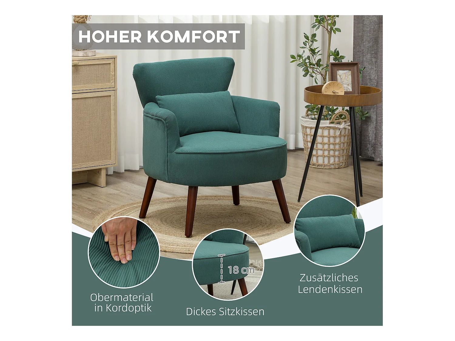Loungestoel met rugleuning, ronde armleuningen, gestoffeerd, corduroy stof, houten poten, voor woonkamer of slaapkamer (69x69,5x78 cm)