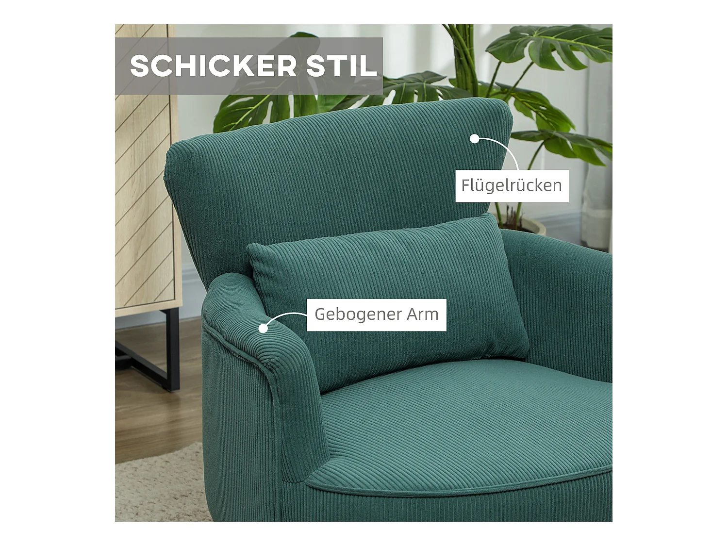 Loungestoel met rugleuning, ronde armleuningen, gestoffeerd, corduroy stof, houten poten, voor woonkamer of slaapkamer (69x69,5x78 cm)