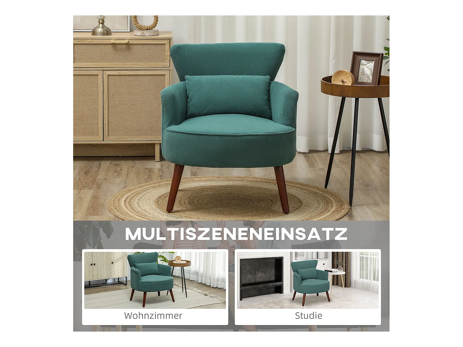 Loungestoel met rugleuning, ronde armleuningen, gestoffeerd, corduroy stof, houten poten, voor woonkamer of slaapkamer (69x69,5x78 cm)