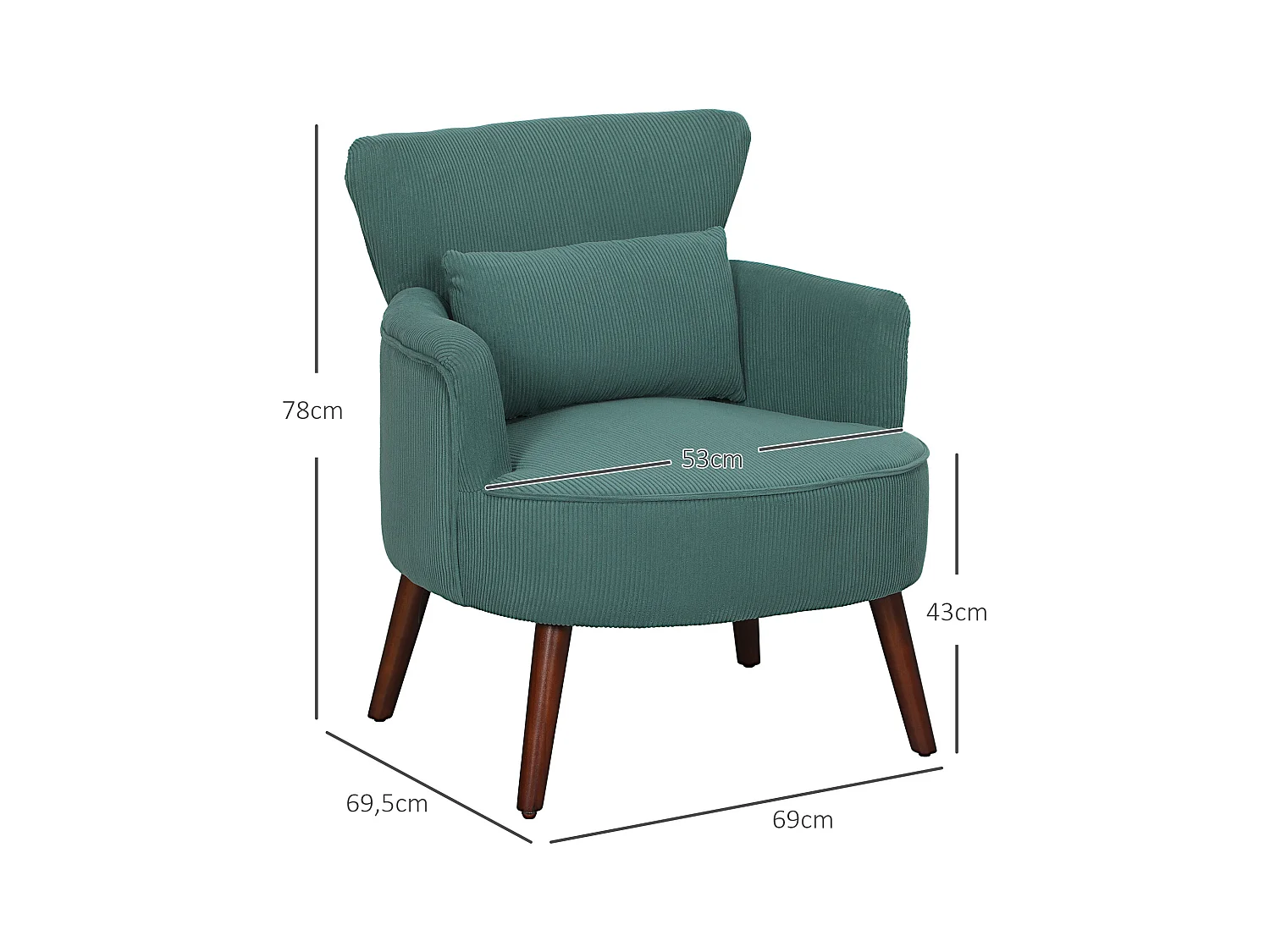 Poltrona con schienale, braccioli arrotondati, imbottita, tessuto a coste, gambe in legno, per soggiorno o camera da letto (69x69,5x78 cm)