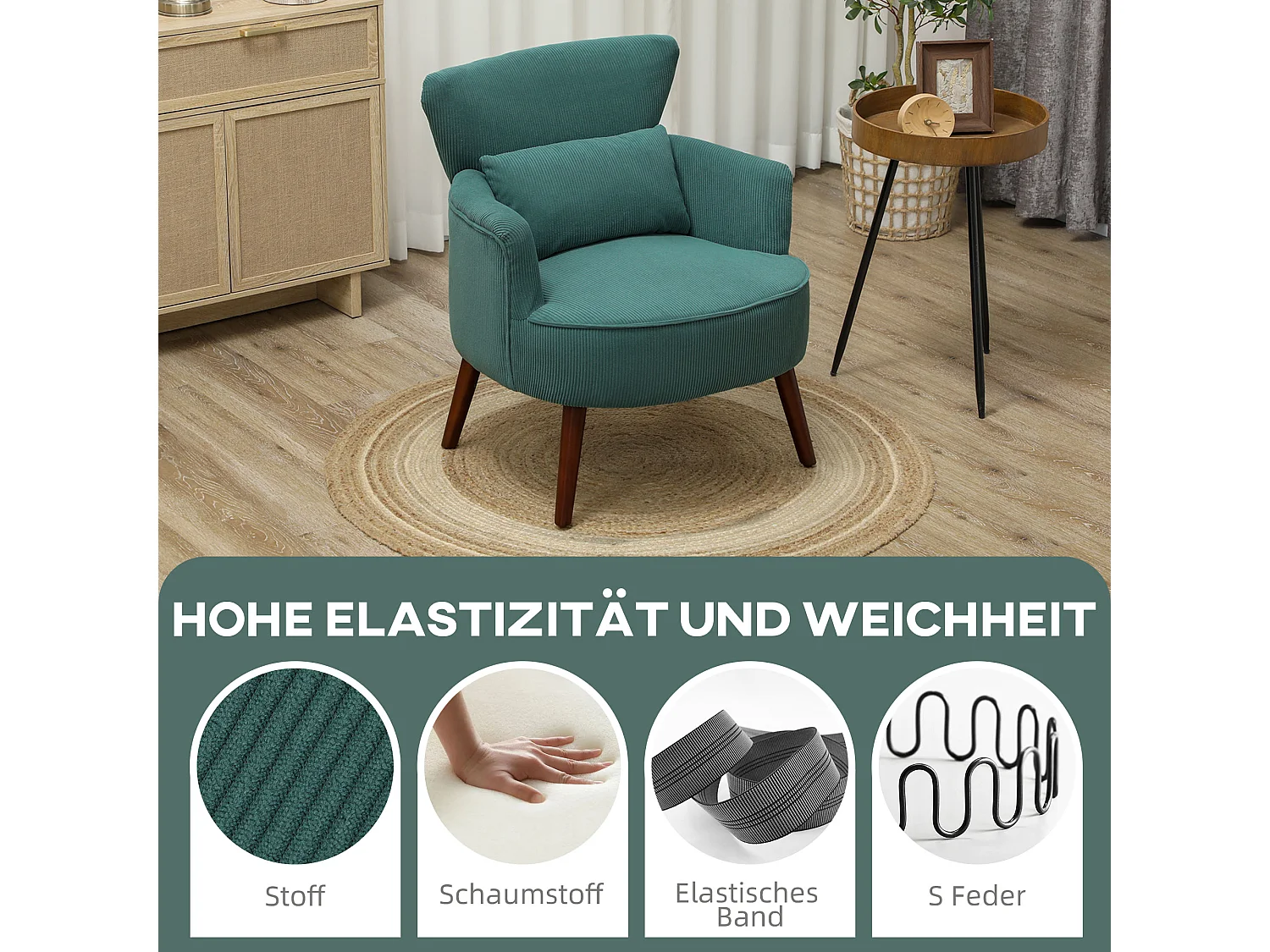 Poltrona con schienale, braccioli arrotondati, imbottita, tessuto a coste, gambe in legno, per soggiorno o camera da letto (69x69,5x78 cm)