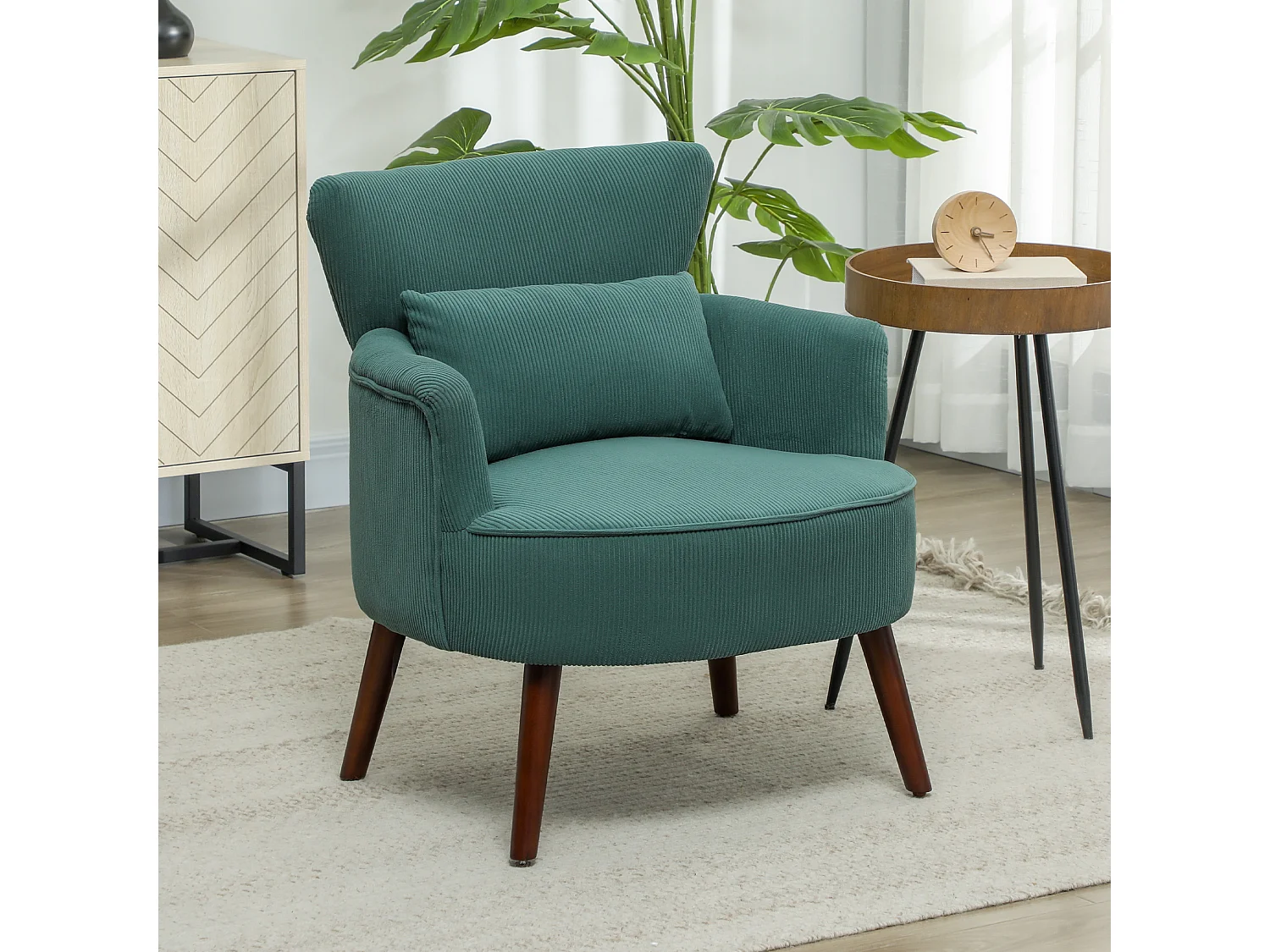 Poltrona con schienale, braccioli arrotondati, imbottita, tessuto a coste, gambe in legno, per soggiorno o camera da letto (69x69,5x78 cm)