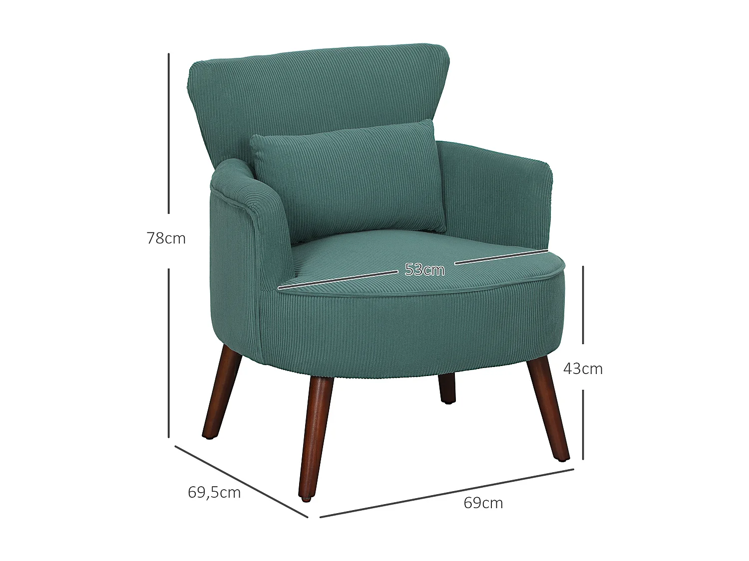 Poltrona con schienale, braccioli arrotondati, imbottita, tessuto a coste, gambe in legno, per soggiorno o camera da letto (69x69,5x78 cm)