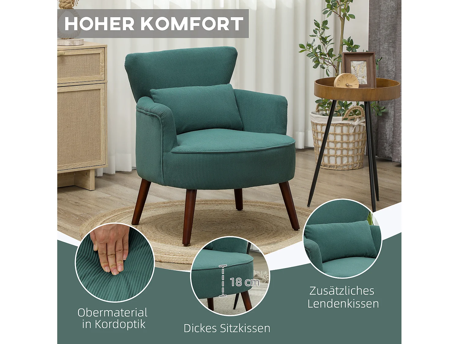 Poltrona con schienale, braccioli arrotondati, imbottita, tessuto a coste, gambe in legno, per soggiorno o camera da letto (69x69,5x78 cm)