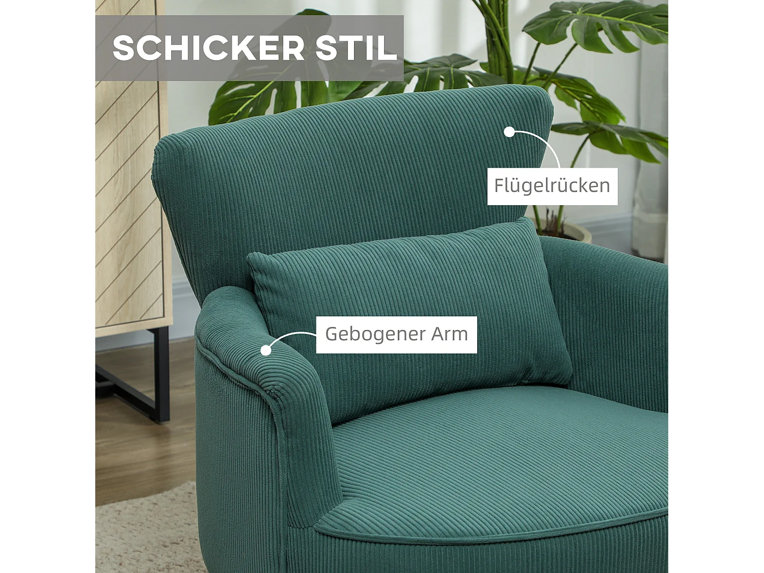 Poltrona con schienale, braccioli arrotondati, imbottita, tessuto a coste, gambe in legno, per soggiorno o camera da letto (69x69,5x78 cm)