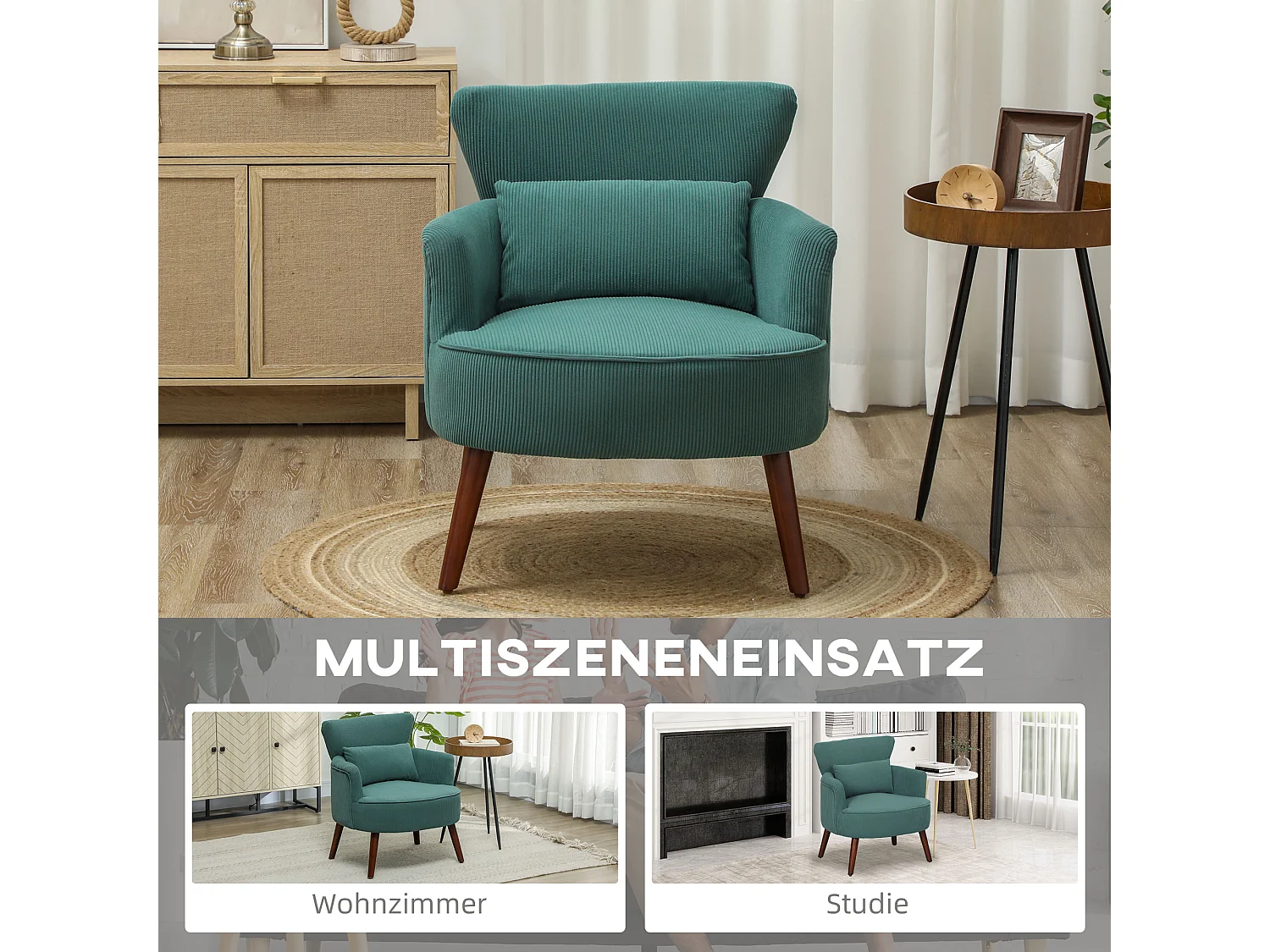 Poltrona con schienale, braccioli arrotondati, imbottita, tessuto a coste, gambe in legno, per soggiorno o camera da letto (69x69,5x78 cm)