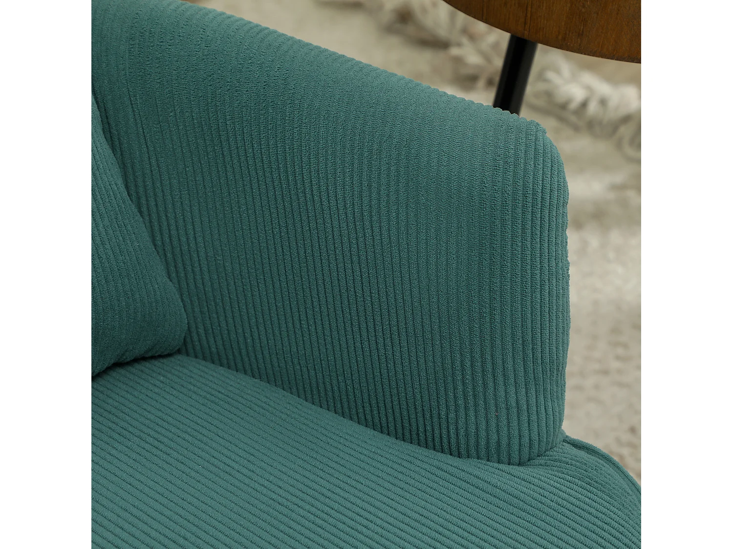 Poltrona con schienale, braccioli arrotondati, imbottita, tessuto a coste, gambe in legno, per soggiorno o camera da letto (69x69,5x78 cm)