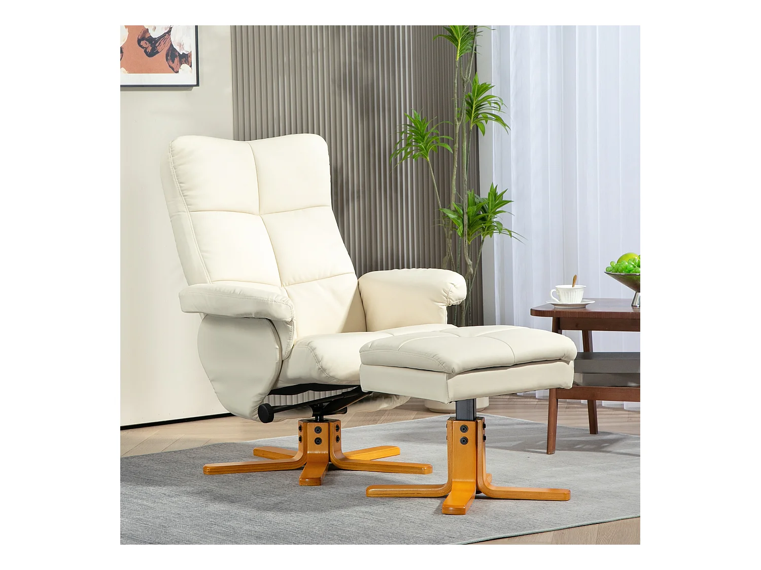 Relaxsessel avec Hocker, 360° pivotant, avec fonction inclinable, cuir artificiel, crème (80x86x99 cm)