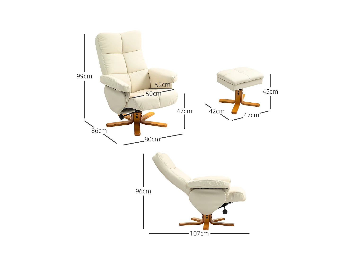 Relaxsessel avec Hocker, 360° pivotant, avec fonction inclinable, cuir artificiel, crème (80x86x99 cm)