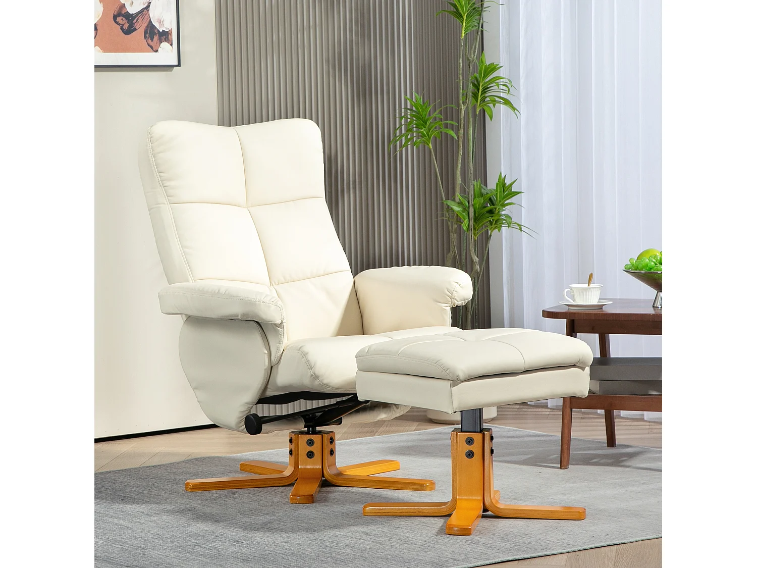 Relaxsessel avec Hocker, 360° pivotant, avec fonction inclinable, cuir artificiel, crème (80x86x99 cm)