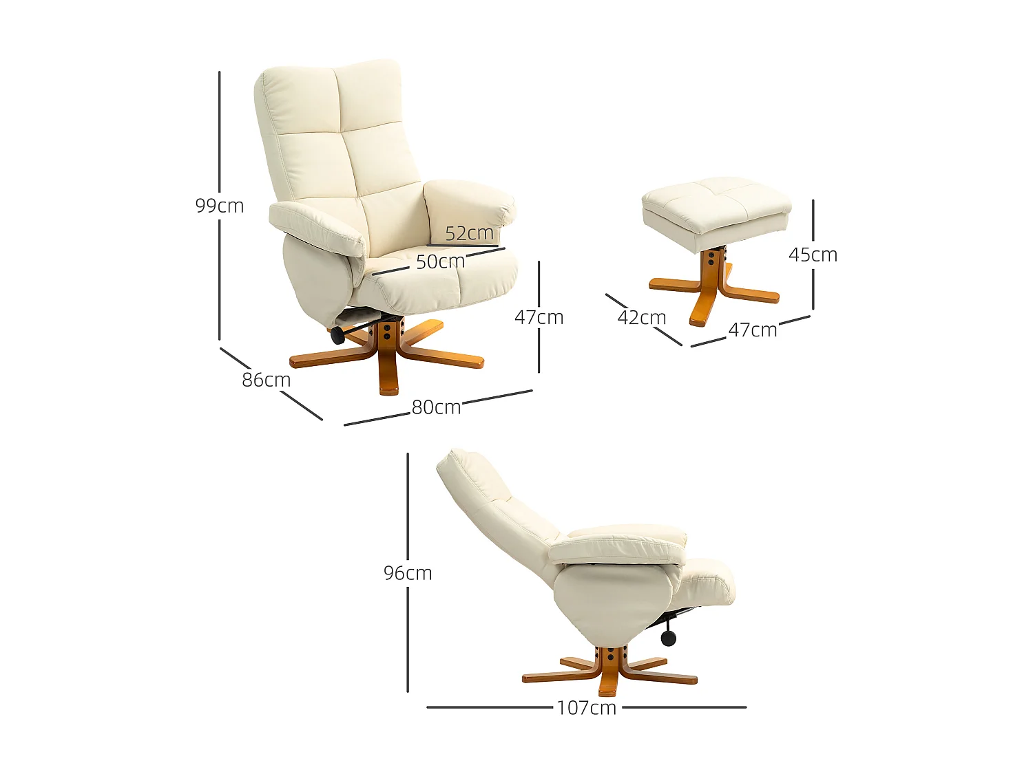 Relaxsessel avec Hocker, 360° pivotant, avec fonction inclinable, cuir artificiel, crème (80x86x99 cm)