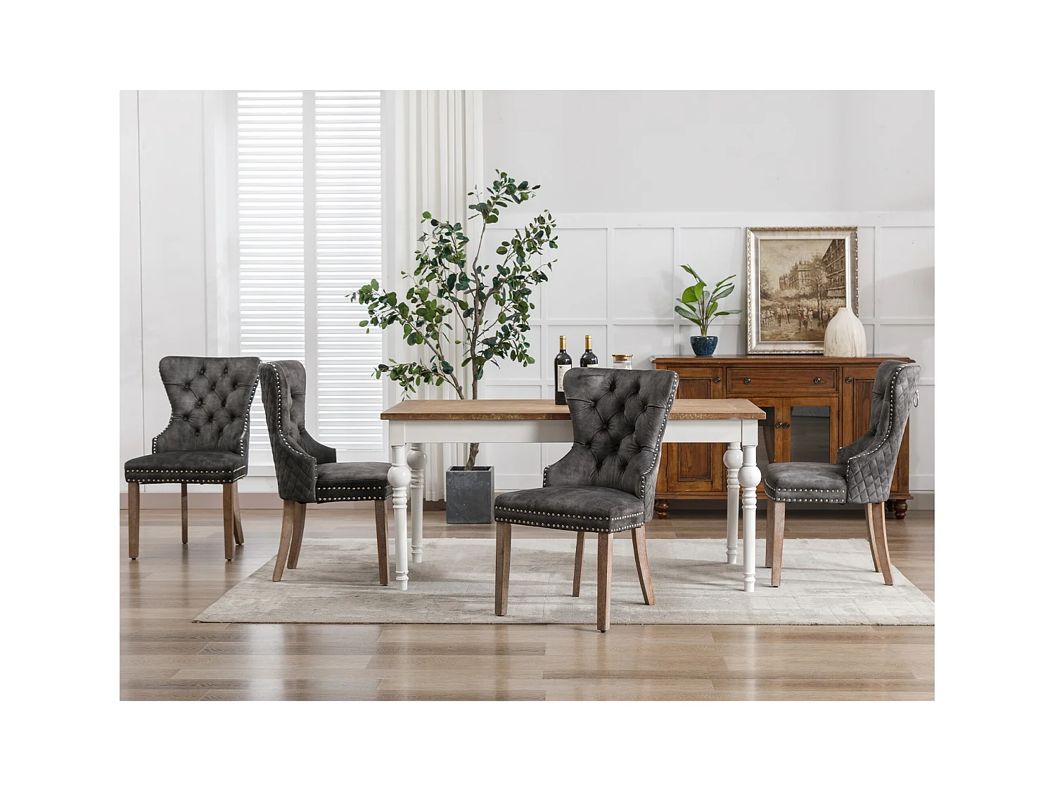 Chaise de salle à manger avec tirage circulaire au dos, en velours, pieds en bois massif, gris (53x46.5x95 cm)